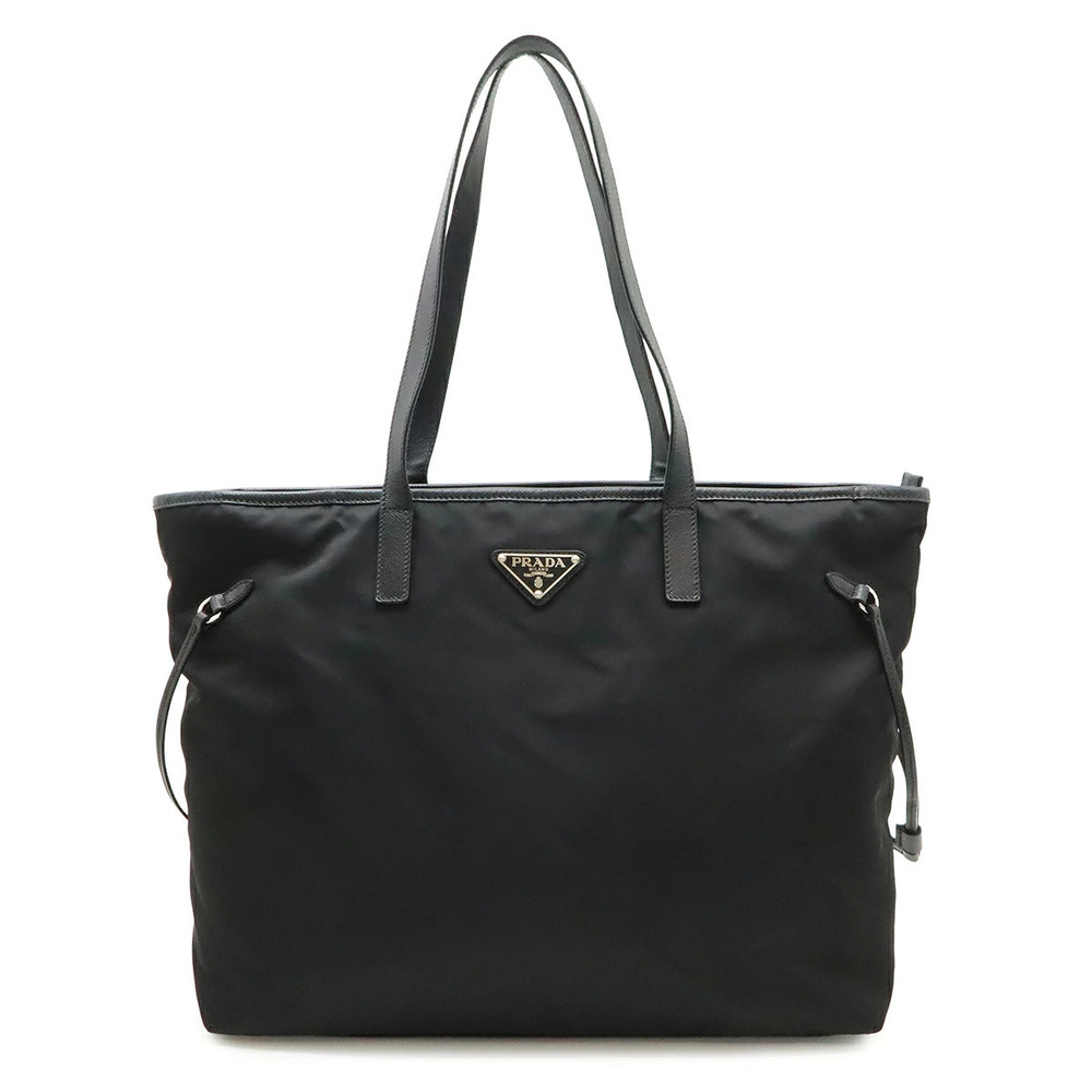Prada Triangle Tote Tessuto Saffiano Bag Shoulder Enamel Leather NERO Black